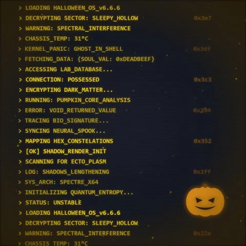 Halloween OS Boot Screen: Spooky Glitchy Terminal with Pumpkin Icon Stock Footage 348198495