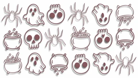 Halloween outline pattern on white background with spooky icons set Video stock 324858374