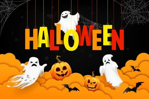 Halloween paper cut clouds, ghosts and cobweb 스톡 일러스트