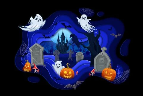 Halloween paper cut ghosts, pumpkins, gravestones Stock Illustration