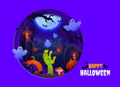 Halloween paper cut graveyard, pumpkins and ghosts Stock Illustration