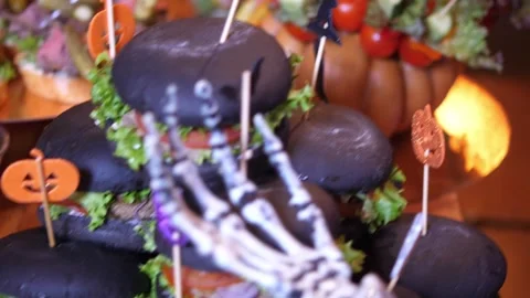 Halloween Party Catering Buffet Table with Mini Black Burgers Stock-Footage 336808677