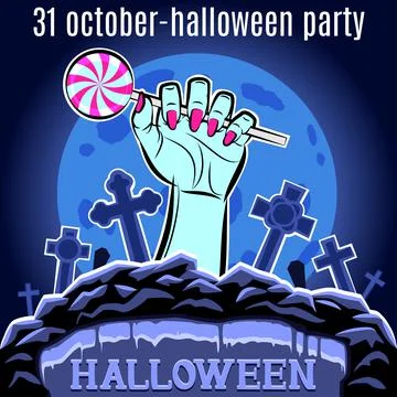 Halloween Party design template for poster. Hand with candy. Vector. Stock Illustration