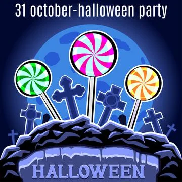 Halloween Party design template for poster. Candy on the cemetery. Vector. Stock Illustration