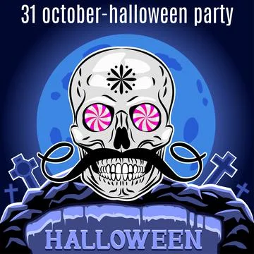 Halloween Party design template for poster. Funny skull. Vector. Stock Illustration