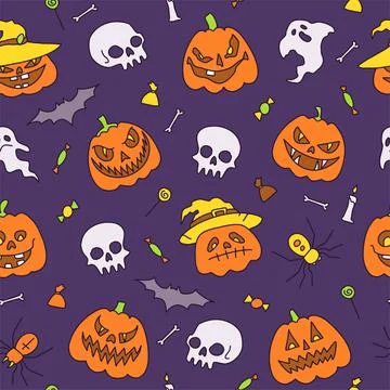 Halloween party elements. Set of icons in cartoon style. semless pattern Stock Illustration