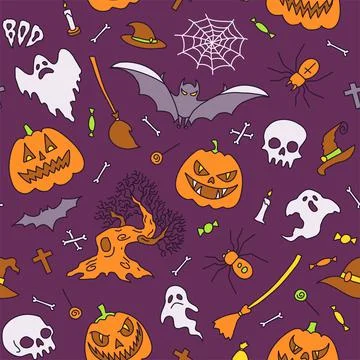 Halloween party elements. Set of icons in cartoon style. semless pattern Illustrazione stock