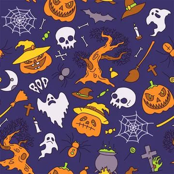 Halloween party elements. Set of icons in cartoon style. semless pattern Illustrazione stock