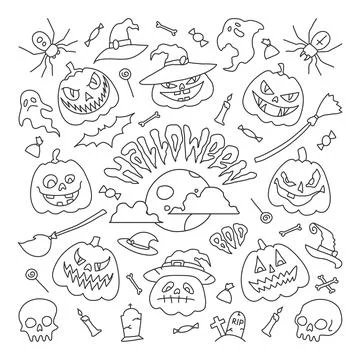 Halloween party elements. Set of icons in cartoon style. semless pattern Stock Illustration