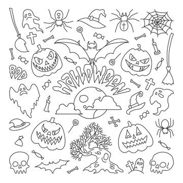 Halloween party elements. Set of icons in cartoon style. semless pattern Stock Illustration