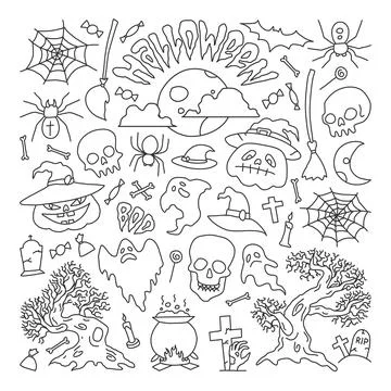 Halloween party elements. Set of icons in cartoon style. semless pattern Illustrazione stock