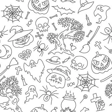 Halloween party elements. Set of icons in cartoon style. semless pattern 스톡 일러스트