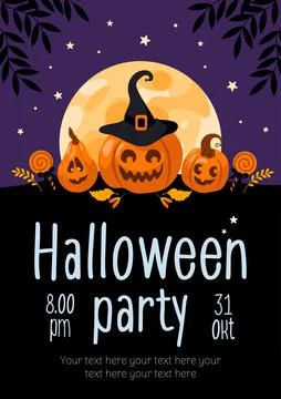 Halloween party flyer. Bright vector illustration. Pumpkin jack-o-lantern, wi Stock Illustration