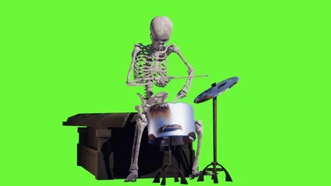 Halloween party: funny skeleton playing drums on green screen. Stock Footage 288002170