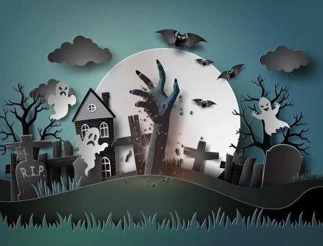 Halloween party with ghost and graveyard in full moon. Stock Illustration