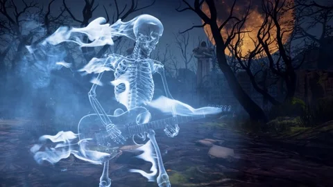 Halloween party. A ghost skeleton play guitar a in a scary gothic cemetery. Stock Footage 284767031