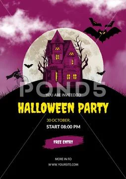 Halloween party invitation featuring spooky house, bats, moon PSD Template
