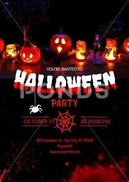 Halloween party invitation with glowing pumpkins and spooky decor PSD Template