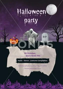 Halloween party invitation poster with ghost, pumpkin, and moon PSD Template