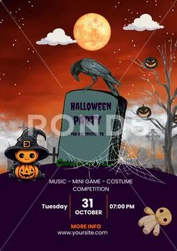 Halloween party invitation: spooky graveyard scene under a full moon PSD Template