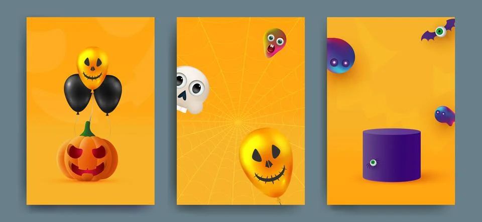 Halloween party invitations, greeting cards or posters. Set of cute pumpkins Stock Illustration