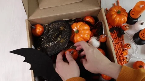 Halloween party objects, orange pumpkins, candle and bats and luminous pump.. Stock Footage 247716746