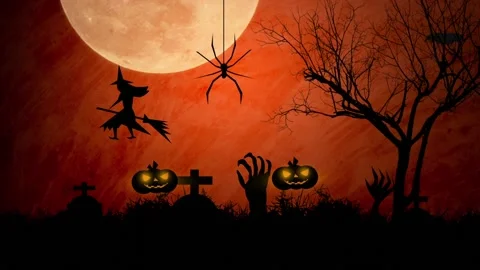 Halloween party with pumpkins devils in full moon dark night background Stock Footage 138874427