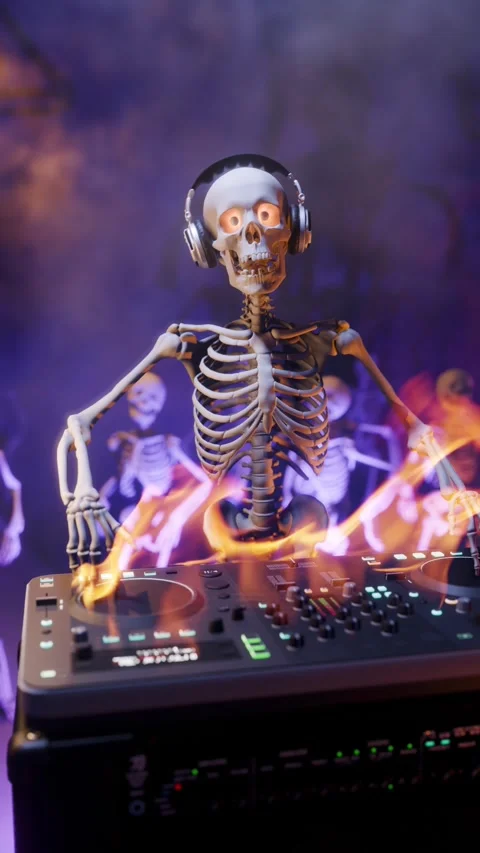 Halloween party: skeleton DJ at the burning mixing console Stock Footage 286372033