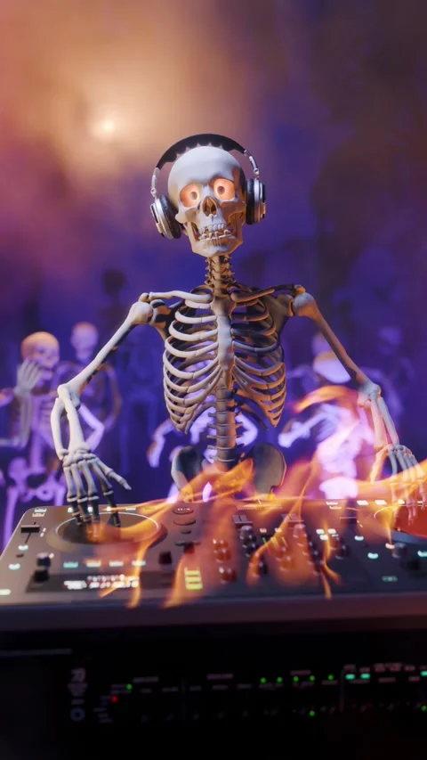 Halloween party: skeleton DJ at the burning mixing console Stock Footage 286372034
