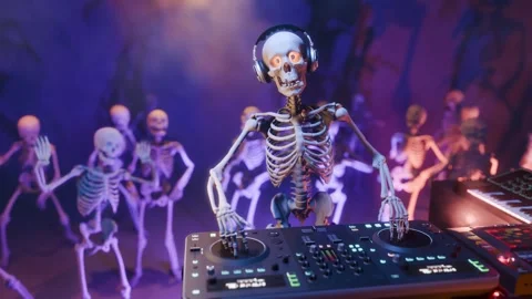 Halloween party: skeleton DJ surrounded by dancing spooky skeletons Stock Footage 285836206