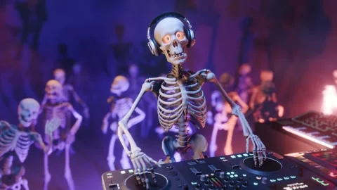 Halloween party: skeleton DJ surrounded by dancing spooky skeletons Stock Footage 285836213