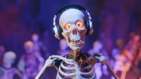Halloween party: skeleton DJ surrounded by dancing spooky skeletons Stock Footage 285836218