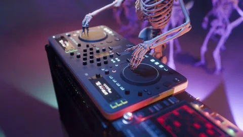 Halloween party: skeleton DJ surrounded by dancing spooky skeletons Stock Footage 285958248