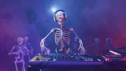 Halloween party: skeleton DJ surrounded by dancing spooky skeletons Stock Footage 285958258
