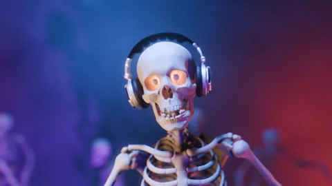 Halloween party: skeleton DJ surrounded by dancing spooky skeletons Stock Footage 285958277