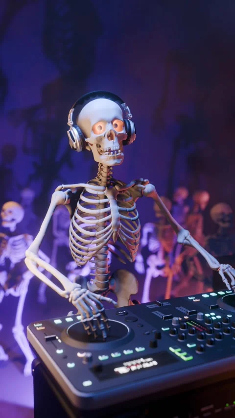 Halloween party: skeleton DJ surrounded by dancing spooky skeletons Stock Footage 286130364