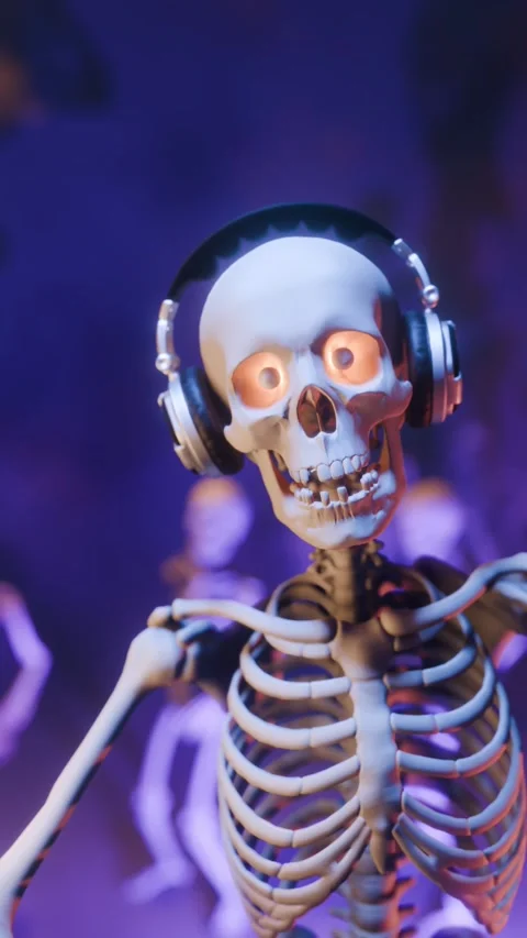 Halloween party: skeleton DJ surrounded by dancing spooky skeletons Stock Footage 286130371