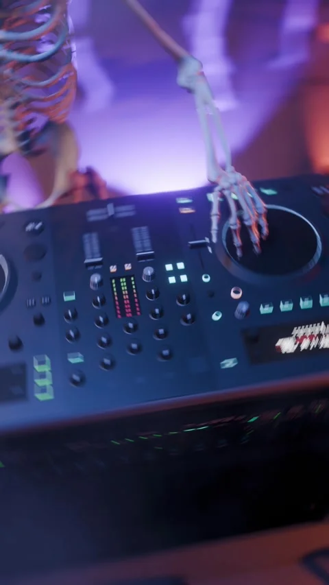 Halloween party: skeleton DJ surrounded by dancing spooky skeletons Stock Footage 286130378
