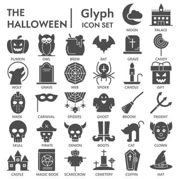 Halloween party solid icon set, traditional autumn holiday symbols collection or Stock Illustration