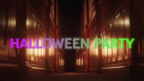 Halloween Party text animation over dimly lit corridor with wooden walls Stock Footage 327784642