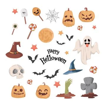 Halloween party vector flat cartoon illustration. Ghost, witch hat, bats, skull Stock Illustration