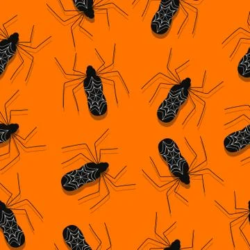 Halloween pattern black spiders on orange background	 Stock Illustration
