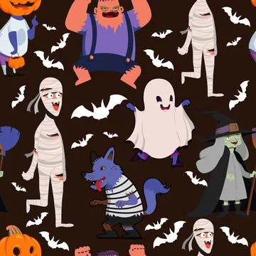 Halloween pattern cartoon characters sketch Stock Illustration