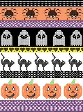 Halloween pattern with cat, spider, ghost, heart,  pumpkin and ornaments Stock Illustration