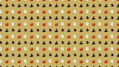 Halloween Pattern Combo of Pumpkin, Ghost, Witch Hat and Bat in Orange, Stock Footage 118133763