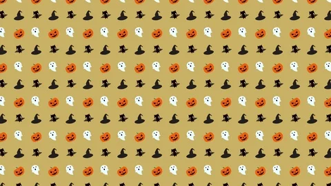 Halloween Pattern Combo of Pumpkin, Ghost, Witch Hat and Bat in Orange, Stock Footage 118133954