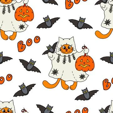 Halloween pattern cute ginger cartoon cat in a ghost costume 스톡 일러스트