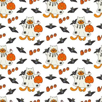 Halloween pattern cute ginger cartoon cat in a ghost costume Illustrazione stock