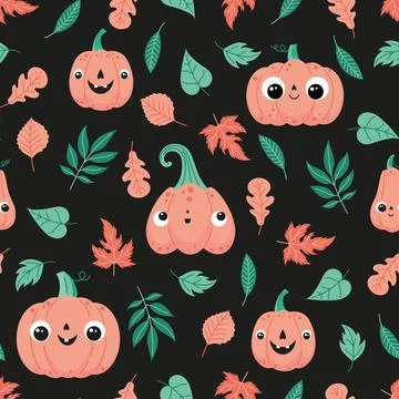 Halloween pattern with cute pumpkins and leaves Stock Illustration