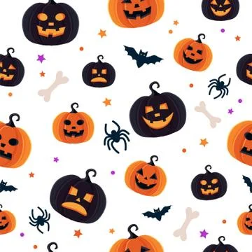 Halloween pattern with different pumpkins, spooky jack o lantern, spiders and Illustrazione stock